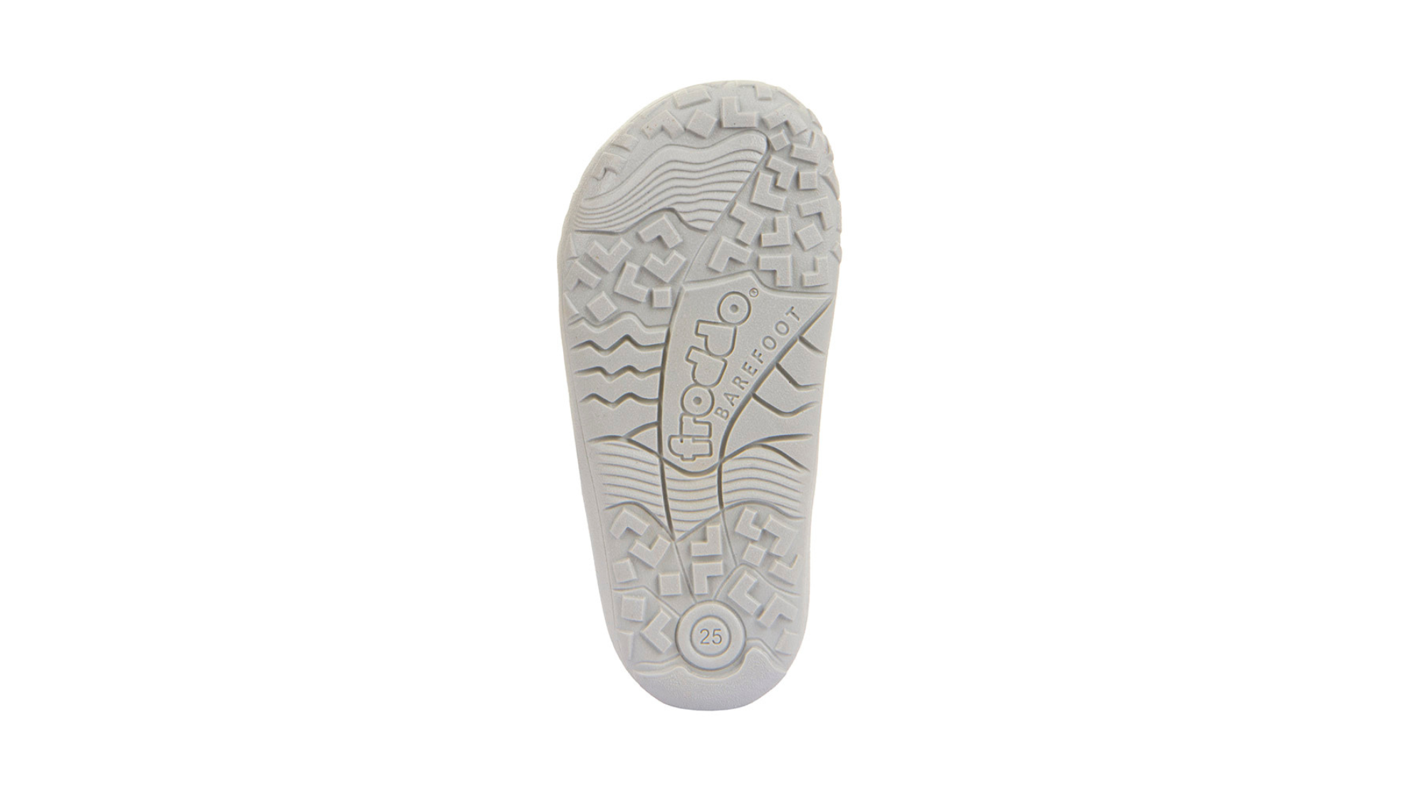 Barfußschuh für Kinder, geschlossene Zehen und geschlossener Fersenbereich, zwei Klettverschlüsse, flexible Sohle, textile Einsätze, Einzelschuh, Ansicht von unten
