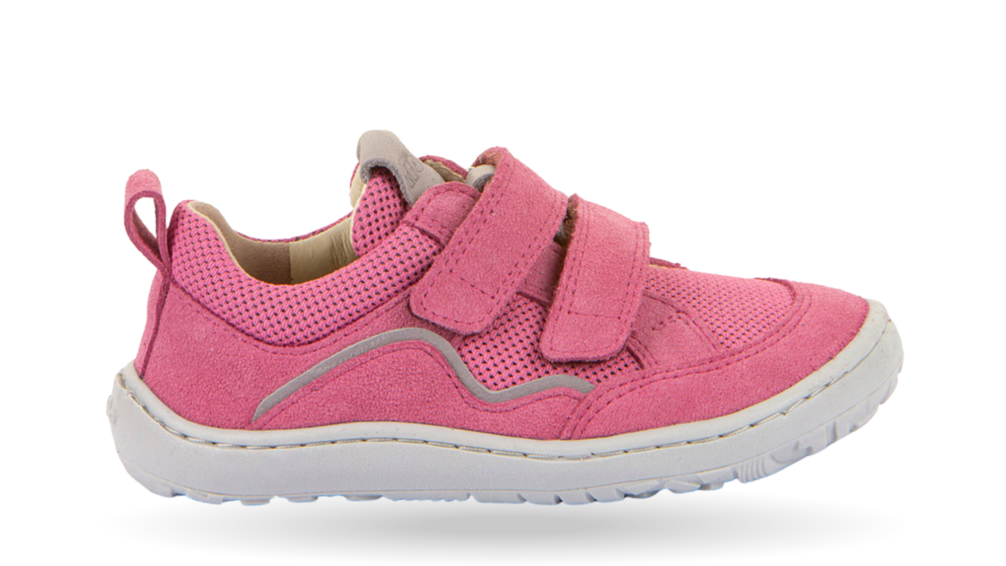Barfußschuh für Kinder, geschlossene Zehen und geschlossener Fersenbereich, zwei Klettverschlüsse, flexible Sohle, textile Einsätze, Einzelschuh, Seitenansicht außen