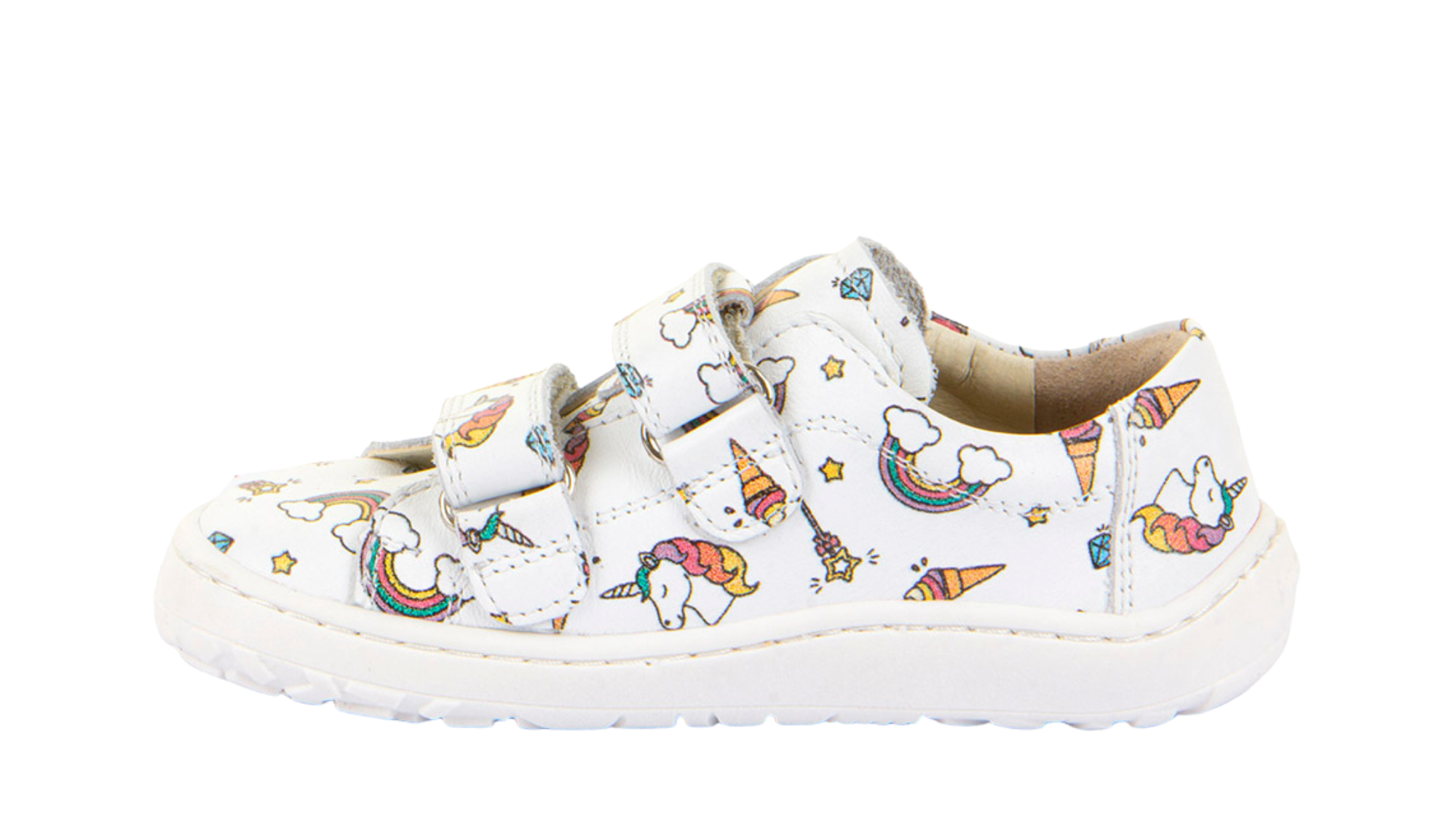 Barfußschuh für Kinder, geschlossene Zehen und geschlossener Fersenbereich, zwei Klettverschlüsse, flexible Sohle, Muster auf dem Obermaterial, Seitenansicht innen, Einzelschuh