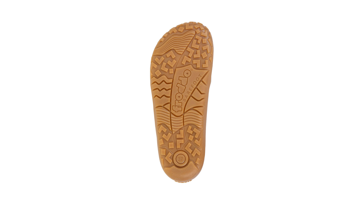 Barfußschuh, geschlossene Zehen und geschlossener Fersenbereich, Schnürung mit Ösen, flexible Sohle, Einzelschuh, Ansicht von unten