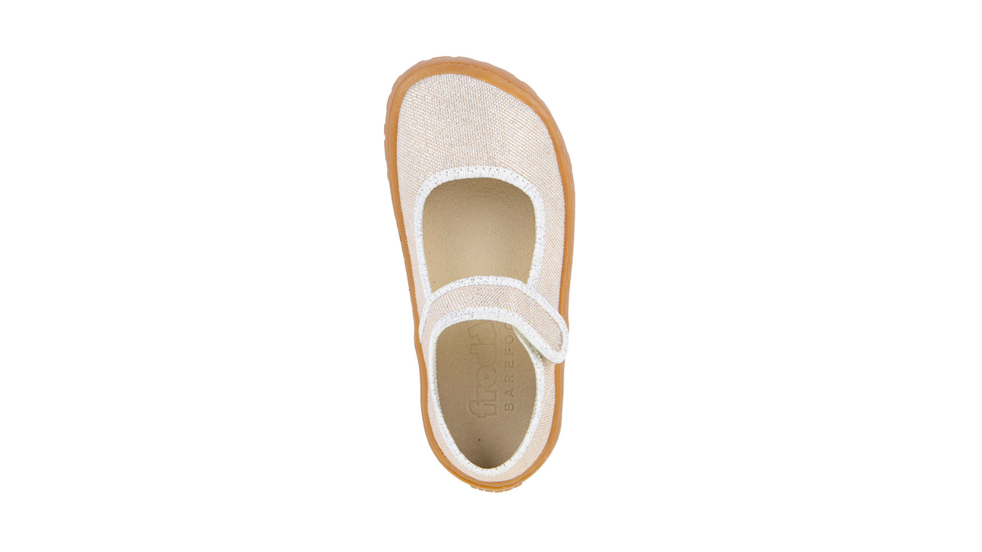 Barfußschuh, geschlossene Zehen und geschlossener Fersenbereich, Spannriemen mit Klettverschluss, flexible Sohle, Einzelschuh, Draufsicht