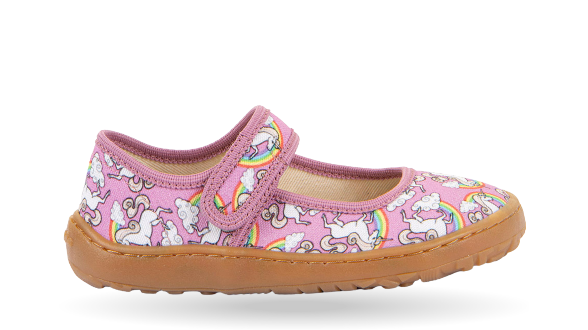 Barfußschuh, geschlossene Zehen und geschlossener Fersenbereich, Spannriemen mit Klettverschluss, flexible Sohle, Einzelschuh, Seitenansicht außen