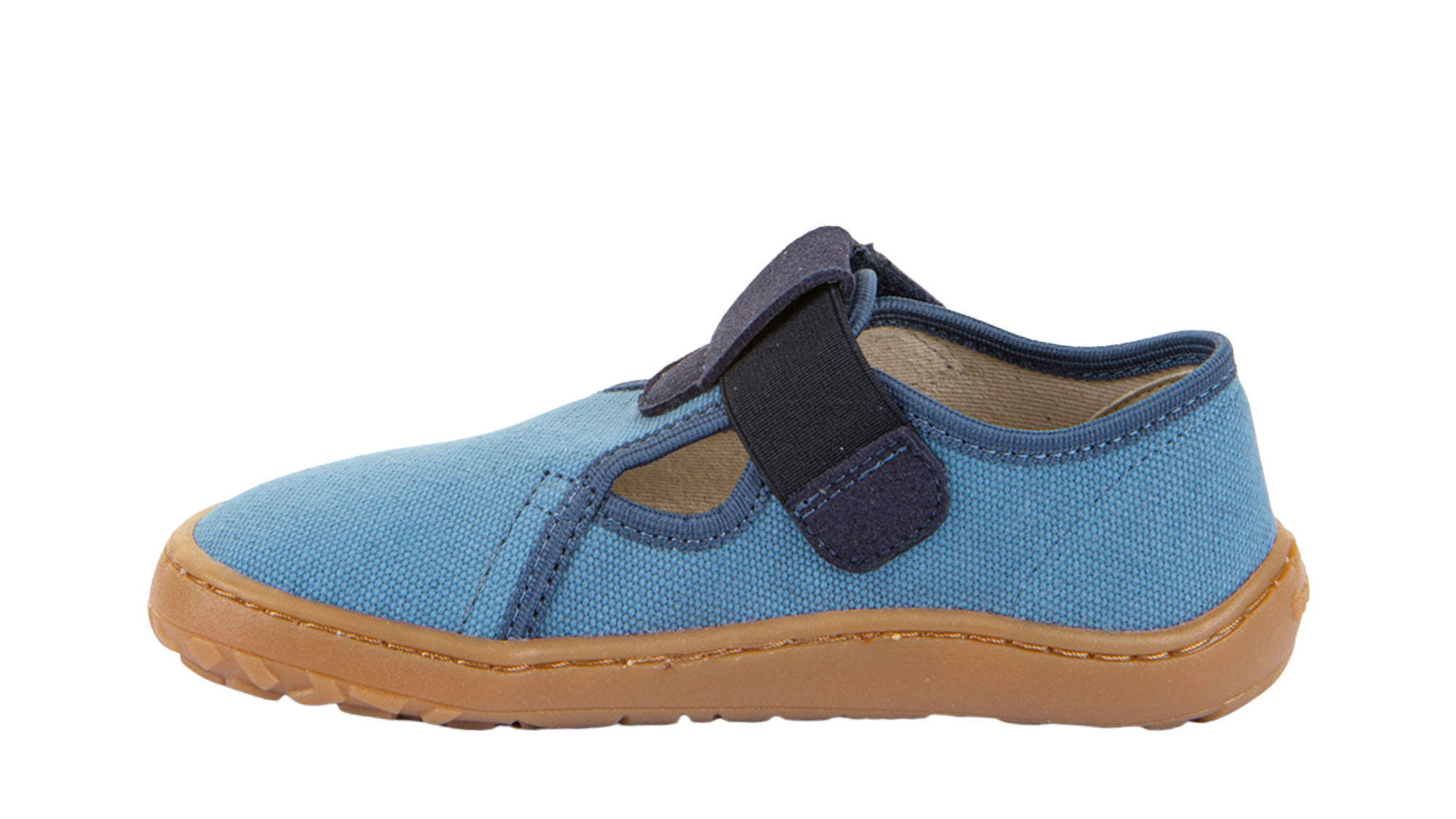 Barfußschuh, geschlossene Zehen und geschlossener Fersenbereich, Spannriemen mit Klettverschluss, flexible Sohle, Einzelschuh, Seitenansicht innen