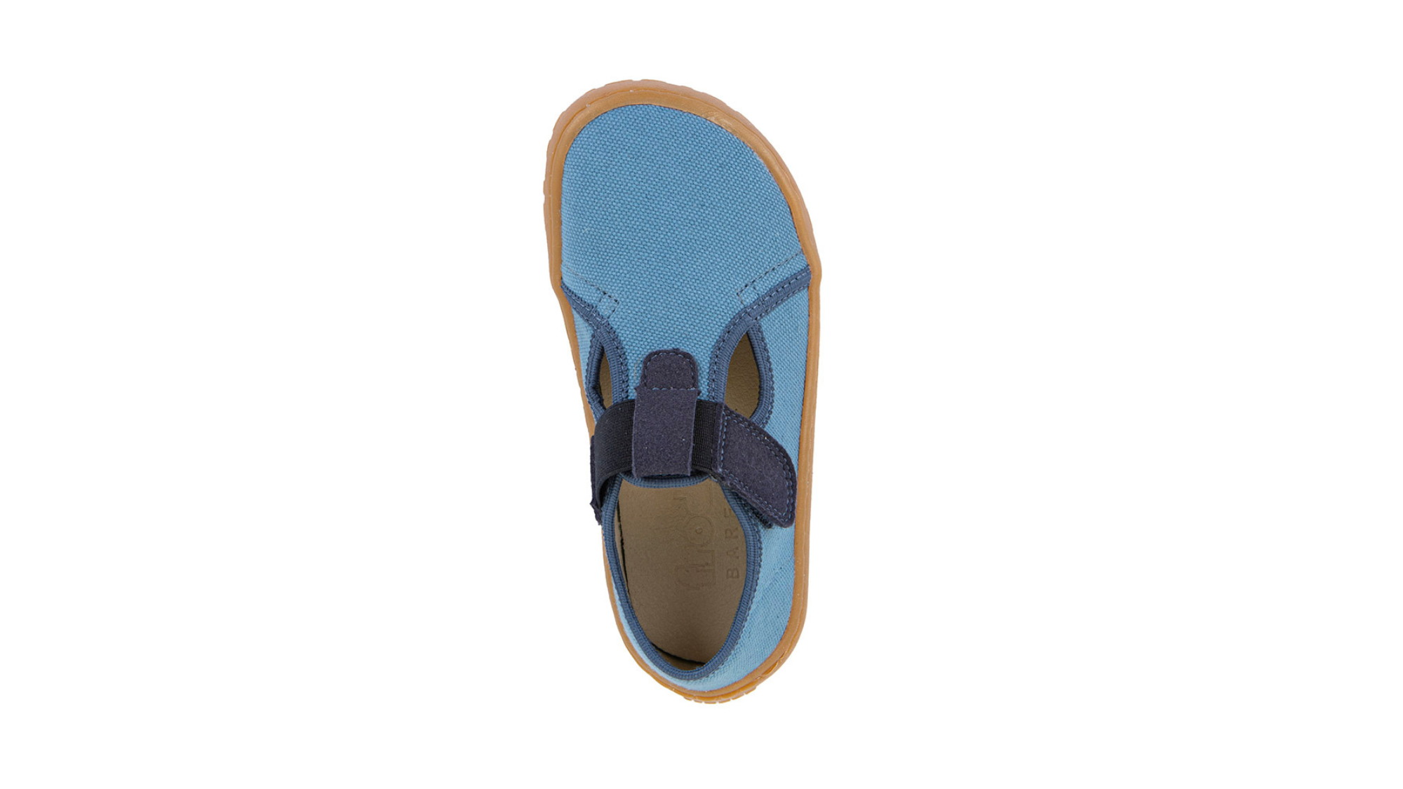 Barfußschuh, geschlossene Zehen und geschlossener Fersenbereich, Spannriemen mit Klettverschluss, flexible Sohle, Einzelschuh, Draufsicht
