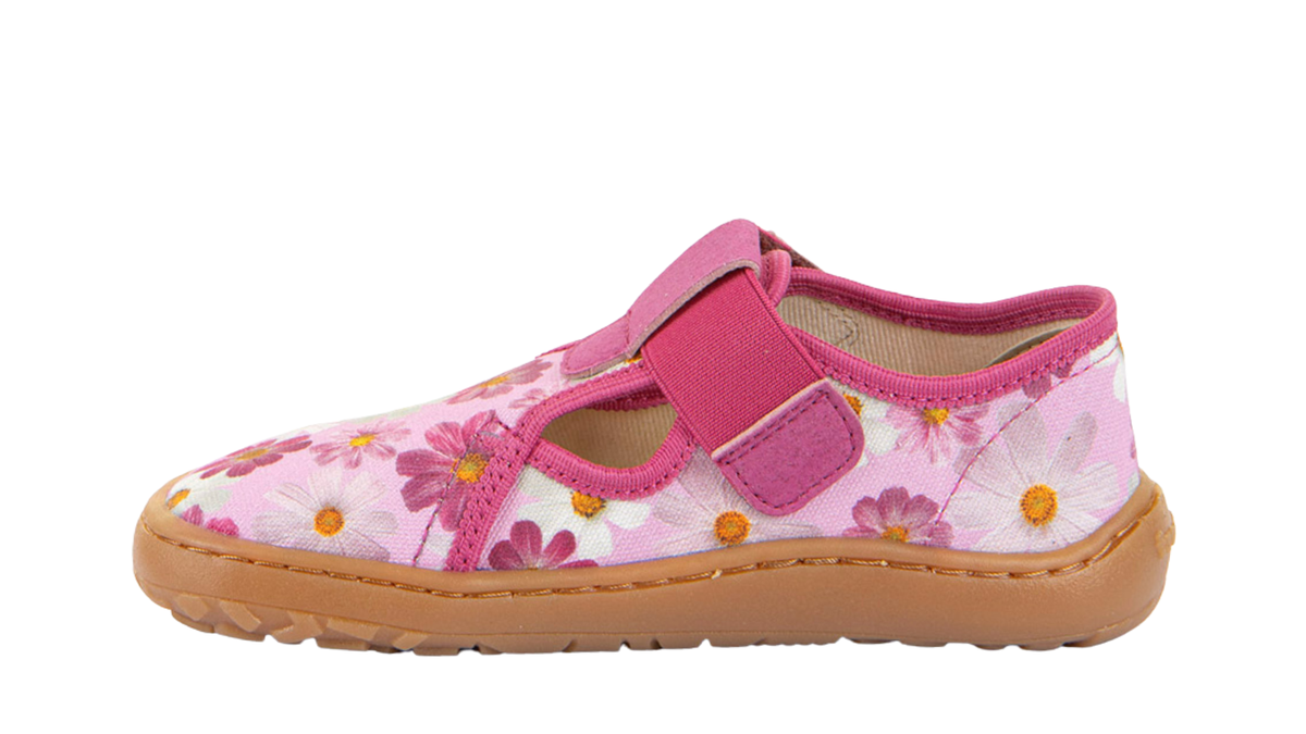 Barfußschuh, geschlossene Zehen und geschlossener Fersenbereich, Spannriemen mit Klettverschluss, flexible Sohle, Einzelschuh, Seitenansicht innen