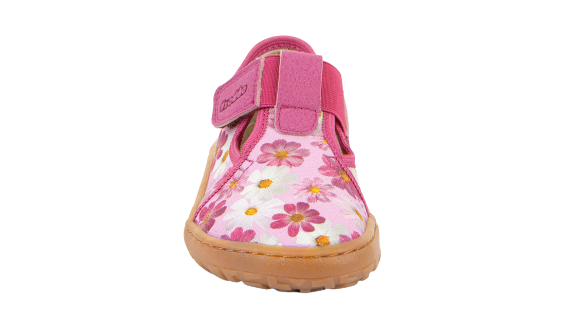 Barfußschuh, geschlossene Zehen und geschlossener Fersenbereich, Spannriemen mit Klettverschluss, flexible Sohle, Einzelschuh, Vorderansicht