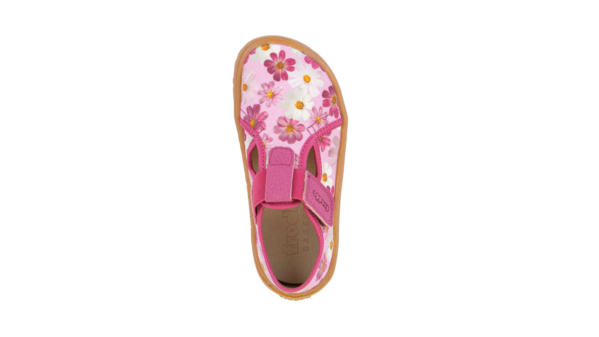 Barfußschuh, geschlossene Zehen und geschlossener Fersenbereich, Spannriemen mit Klettverschluss, flexible Sohle, Einzelschuh, Draufsicht