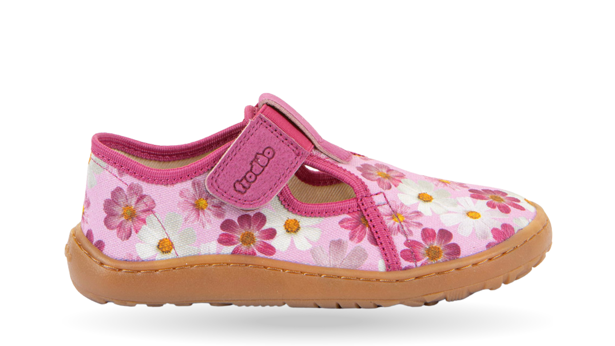 Barfußschuh, geschlossene Zehen und geschlossener Fersenbereich, Spannriemen mit Klettverschluss, flexible Sohle, Einzelschuh, Seitenansicht außen