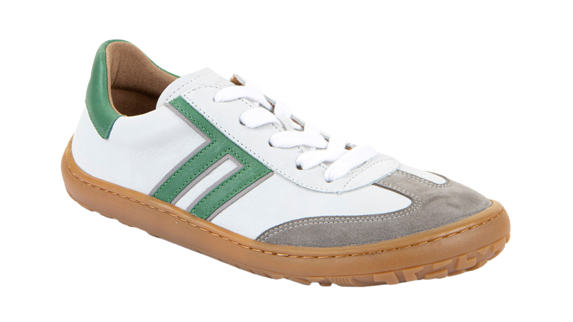 Barfußschuh, geschlossene Zehen und geschlossener Fersenbereich, Schnürung, flexible Sohle, Einzelschuh, schräge Vorderansicht