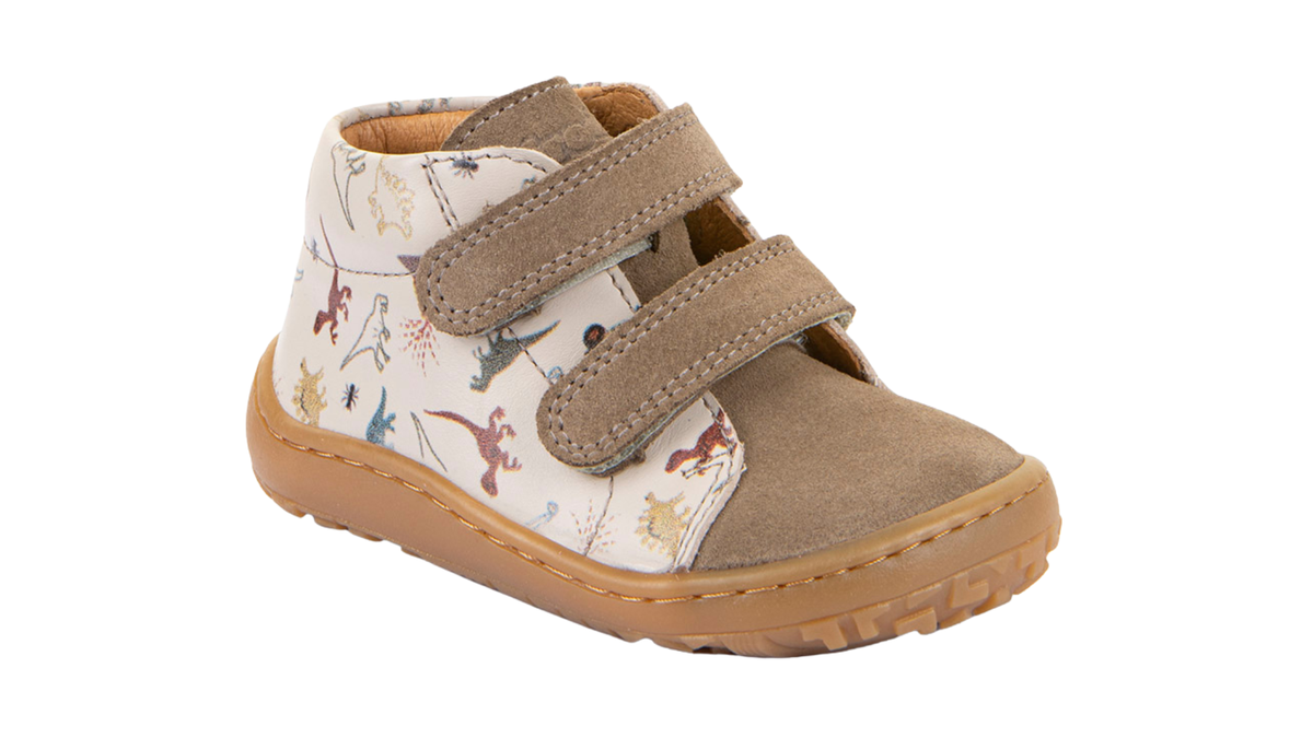 Barfußschuh für Kinder, geschlossene Zehen und geschlossener Fersenbereich, zwei Klettverschlüsse, flexible Sohle, Muster auf dem Obermaterial, Einzelschuh, schräge Vorderansicht