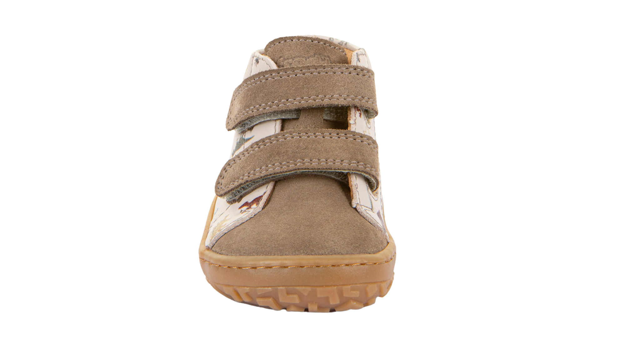 Barfußschuh für Kinder, geschlossene Zehen und geschlossener Fersenbereich, zwei Klettverschlüsse, flexible Sohle, Muster auf dem Obermaterial, Einzelschuh, Vorderansicht