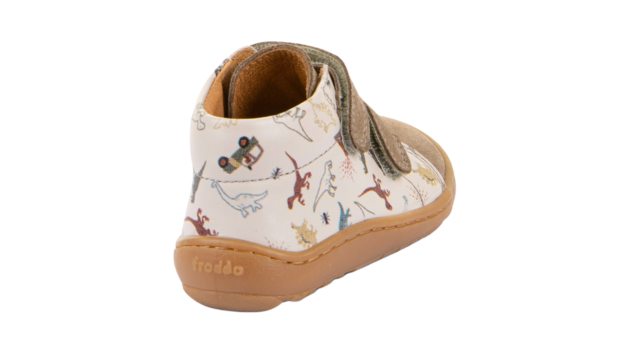 Barfußschuh für Kinder, geschlossene Zehen und geschlossener Fersenbereich, zwei Klettverschlüsse, flexible Sohle, Muster auf dem Obermaterial, Einzelschuh, Rückansicht