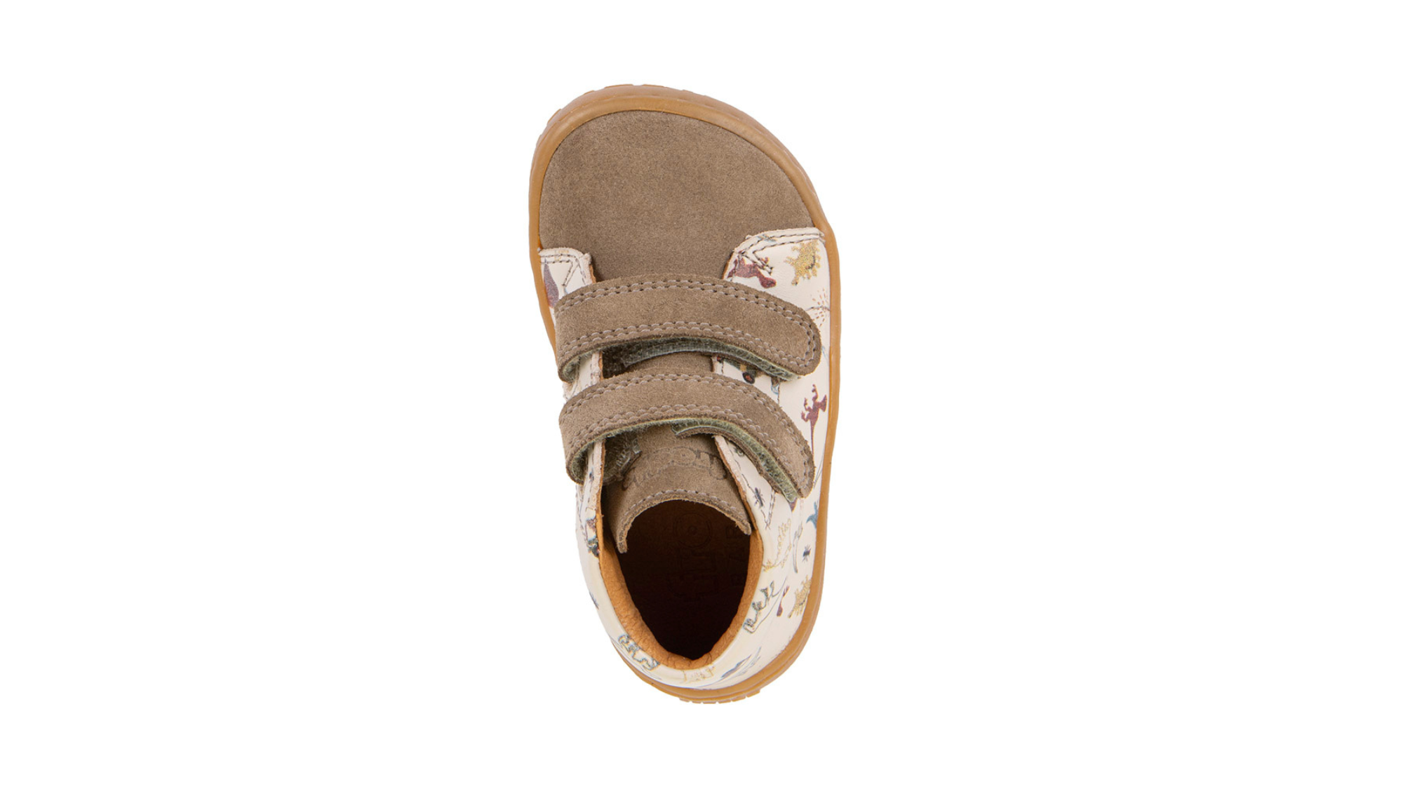 Barfußschuh für Kinder, geschlossene Zehen und geschlossener Fersenbereich, zwei Klettverschlüsse, flexible Sohle, Muster auf dem Obermaterial, Einzelschuh, Draufsicht