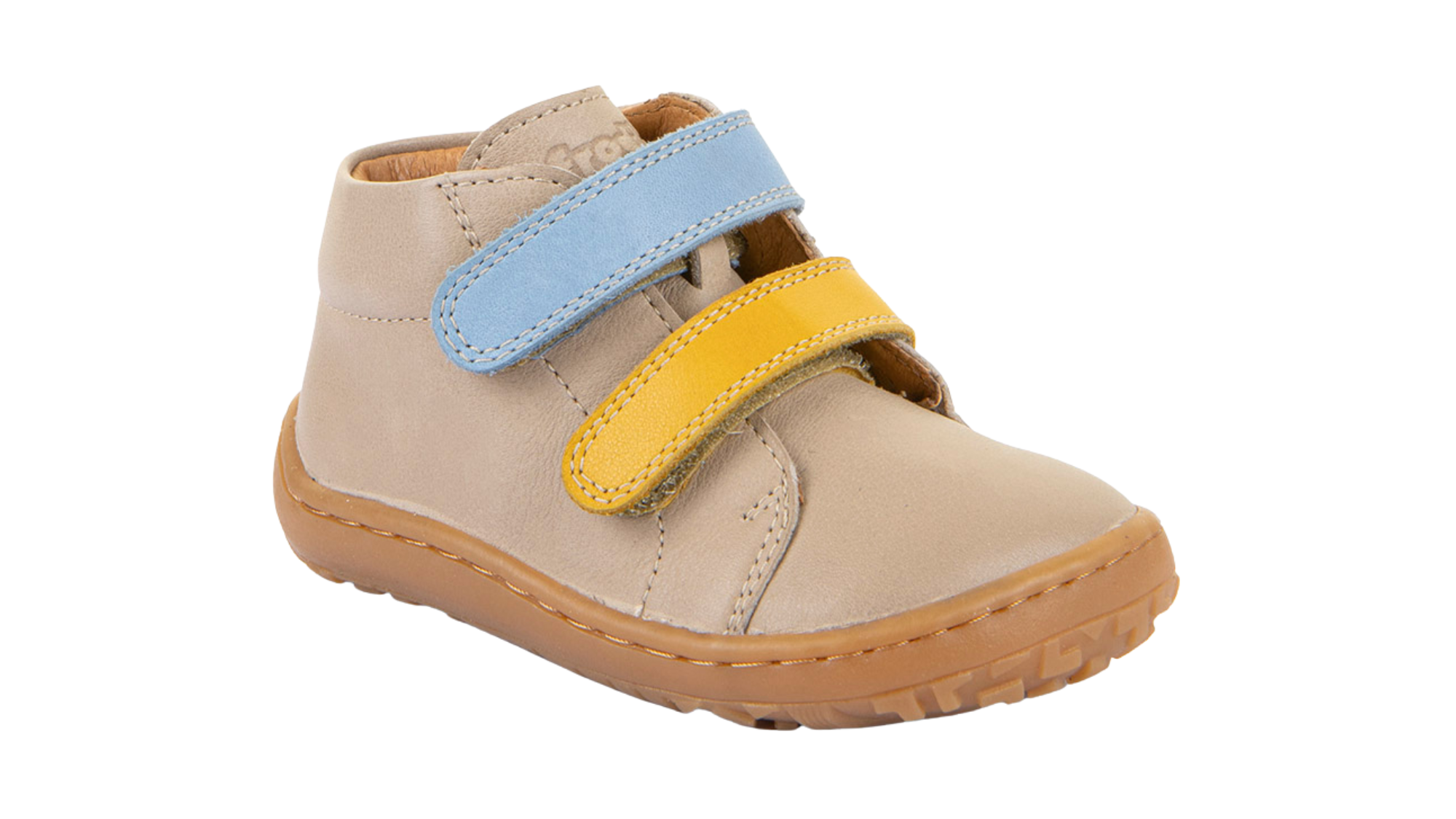 Barfußschuh für Kinder, geschlossene Zehen und geschlossener Fersenbereich, zwei Klettverschlüsse, flexible Sohle, Einzelschuh, schräge Vorderansicht
