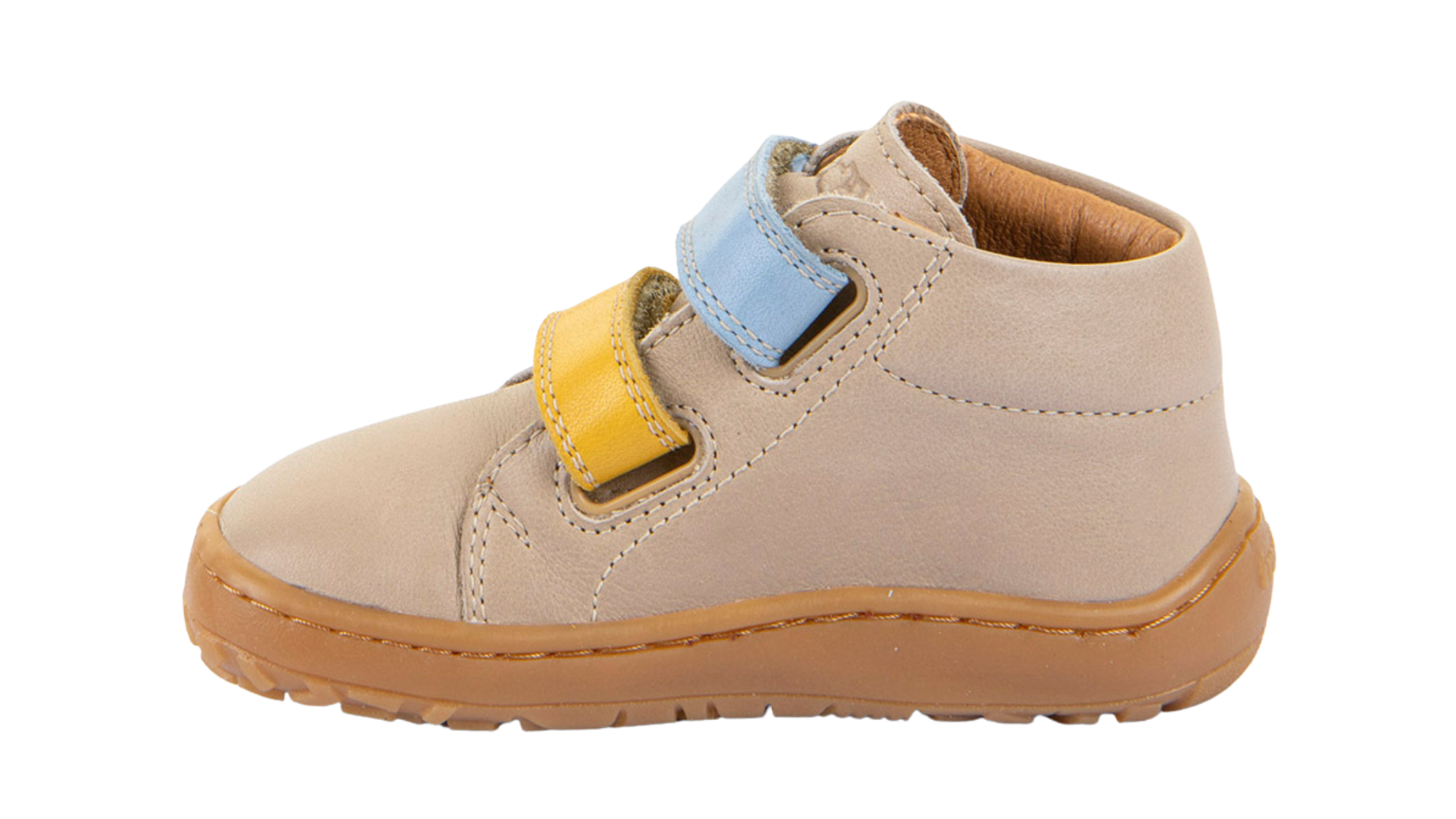 Barfußschuh für Kinder, geschlossene Zehen und geschlossener Fersenbereich, zwei Klettverschlüsse, flexible Sohle, Einzelschuh, Seitenansicht innen