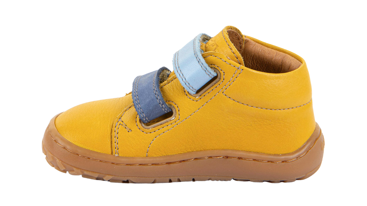 Barfußschuh für Kinder, geschlossene Zehen und geschlossener Fersenbereich, zwei Klettverschlüsse, flexible Sohle, Muster auf dem Obermaterial, Einzelschuh, Seitenansicht innen