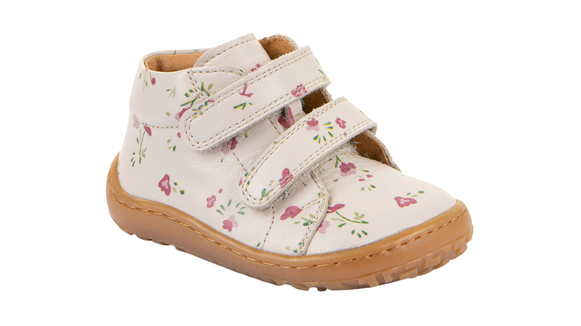 Barfußschuh für Kinder, geschlossene Zehen und geschlossener Fersenbereich, zwei Klettverschlüsse, flexible Sohle, Muster auf dem Obermaterial, Einzelschuh, schräge Vorderansicht