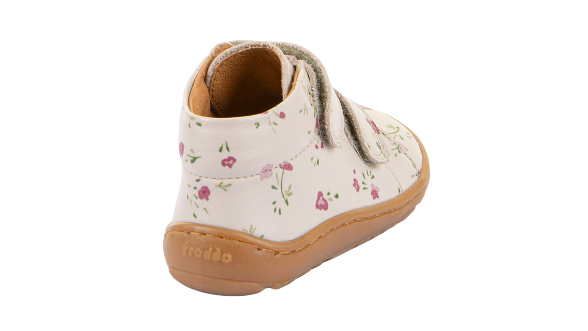 Barfußschuh für Kinder, geschlossene Zehen und geschlossener Fersenbereich, zwei Klettverschlüsse, flexible Sohle, Muster auf dem Obermaterial, Einzelschuh, Rückansicht