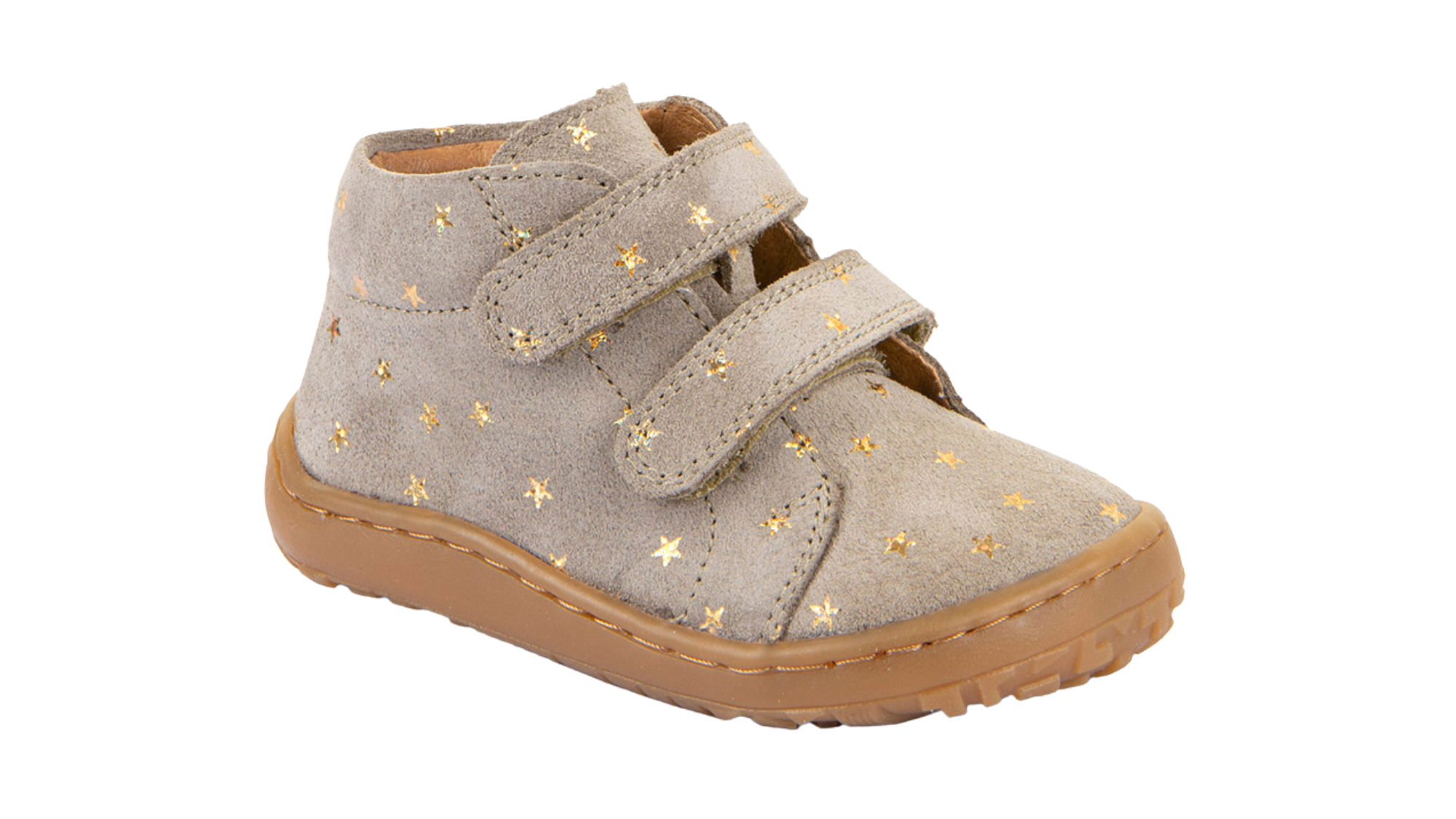 Barfußschuh für Kinder, geschlossene Zehen und geschlossener Fersenbereich, zwei Klettverschlüsse, flexible Sohle, Muster auf dem Obermaterial, Einzelschuh, schräge Vorderansicht