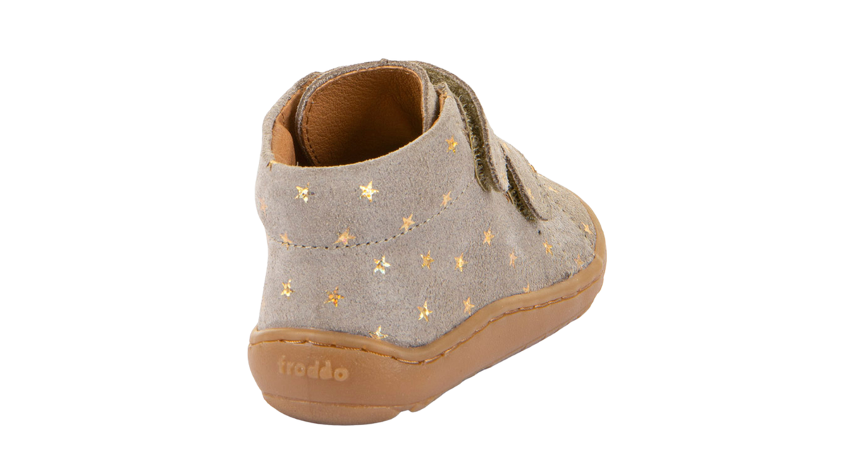 Barfußschuh für Kinder, geschlossene Zehen und geschlossener Fersenbereich, zwei Klettverschlüsse, flexible Sohle, Muster auf dem Obermaterial, Einzelschuh, Rückansicht