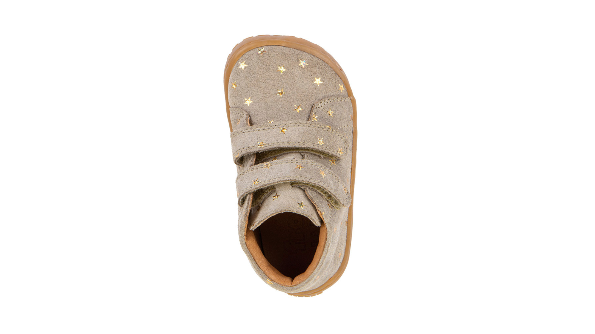 Barfußschuh für Kinder, geschlossene Zehen und geschlossener Fersenbereich, zwei Klettverschlüsse, flexible Sohle, Muster auf dem Obermaterial, Einzelschuh, Draufsicht
