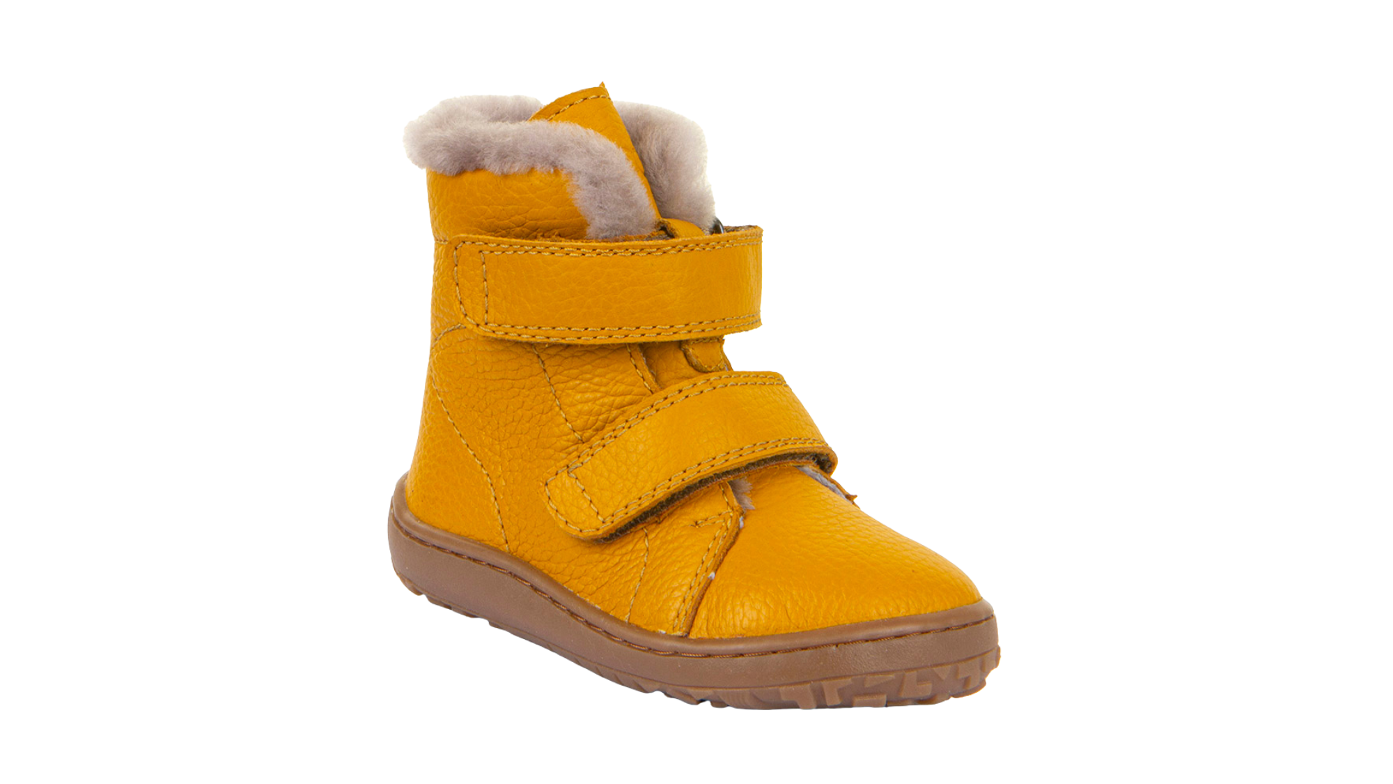 Barfußwinterstiefel für Kinder, geschlossene Zehen und geschlossener Fersenbereich, zwei Klettverschlüsse, profilierte Sohle, Einzelschuh, schräge Vorderansicht