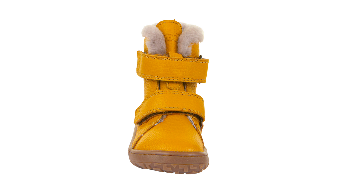 Barfußwinterstiefel für Kinder, geschlossene Zehen und geschlossener Fersenbereich, zwei Klettverschlüsse, profilierte Sohle, Einzelschuh, Vorderansicht