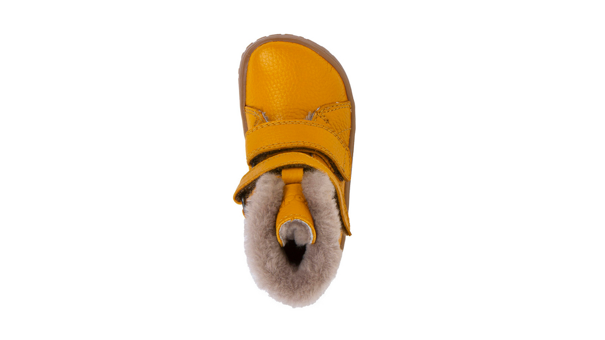 Barfußwinterstiefel für Kinder, geschlossene Zehen und geschlossener Fersenbereich, zwei Klettverschlüsse, profilierte Sohle, Einzelschuh, Draufsicht