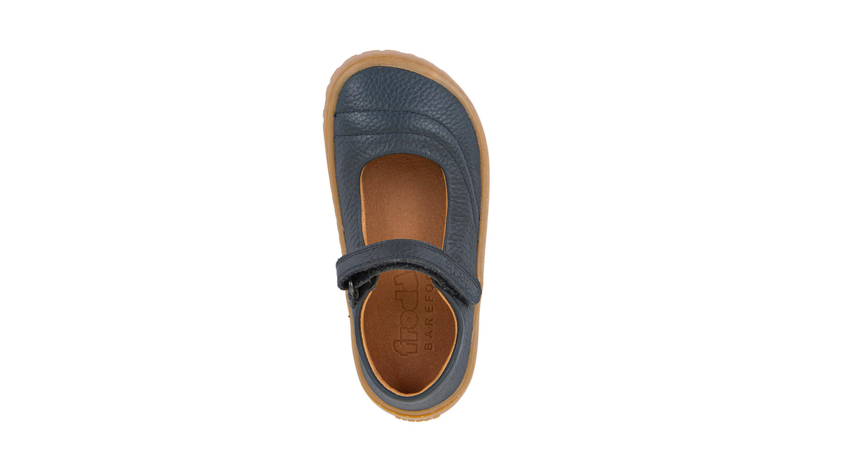 Barfußschuh, geschlossene Zehen und geschlossener Fersenbereich, Spannriemen mit Klettverschluss, flexible Sohle, Einzelschuh, Draufsicht