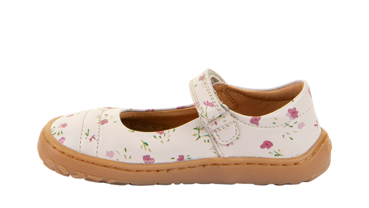 Barfußschuh, geschlossene Zehen und geschlossener Fersenbereich, Spannriemen mit Klettverschluss, flexible Sohle, Muster auf dem Obermaterial, Einzelschuh, Seitenansicht innen
