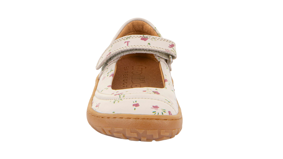 Barfußschuh, geschlossene Zehen und geschlossener Fersenbereich, Spannriemen mit Klettverschluss, flexible Sohle, Muster auf dem Obermaterial, Einzelschuh, Vorderansicht