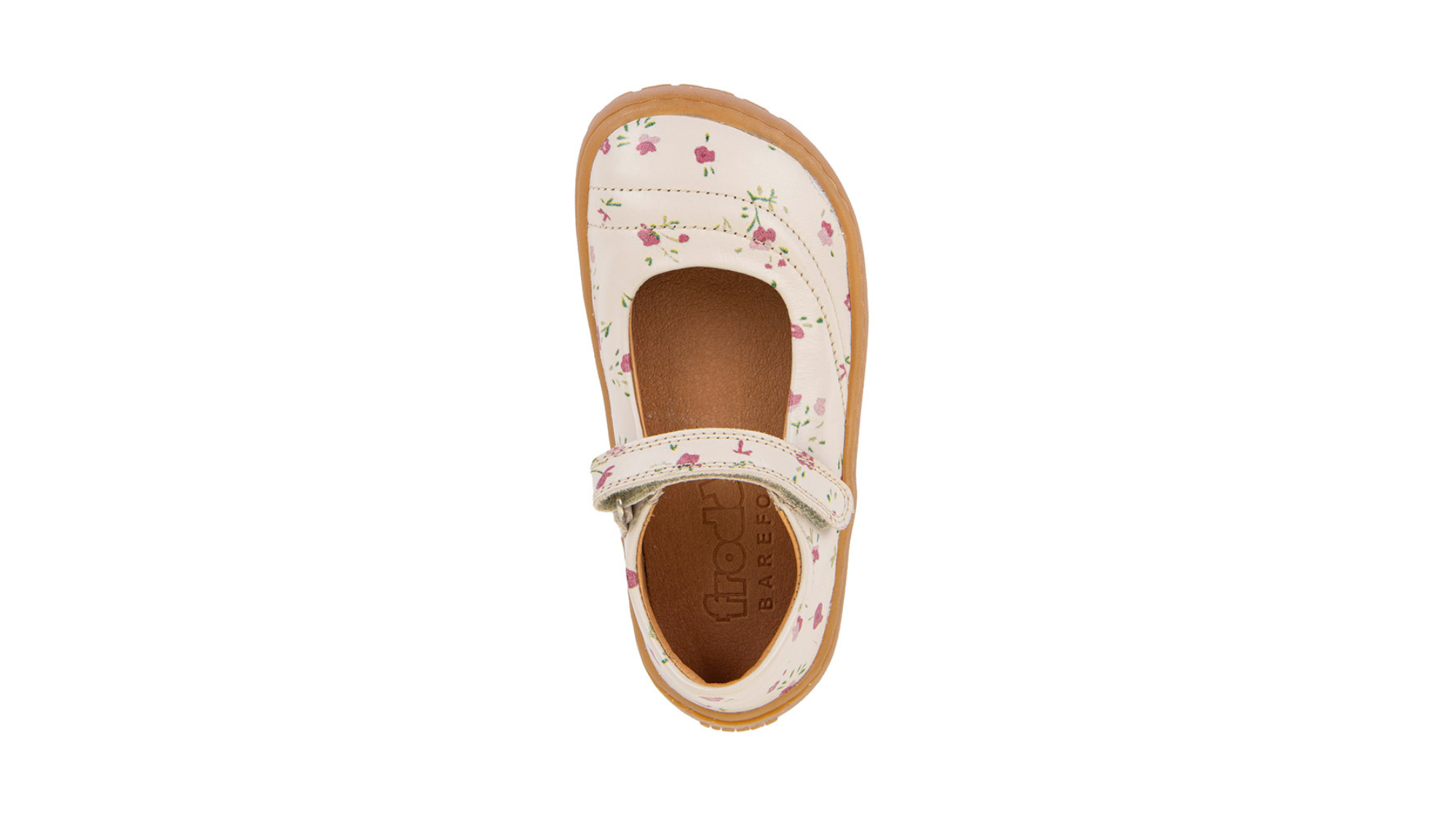 Barfußschuh, geschlossene Zehen und geschlossener Fersenbereich, Spannriemen mit Klettverschluss, flexible Sohle, Muster auf dem Obermaterial, Einzelschuh, Draufsicht