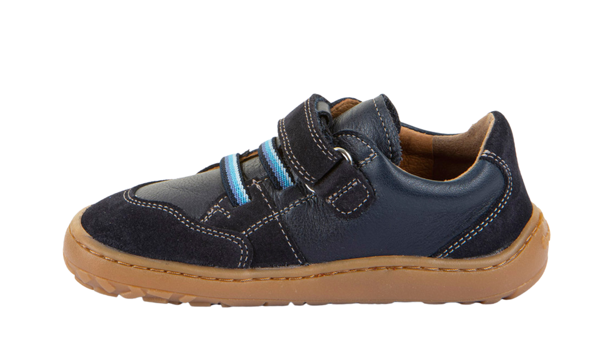 Barfußschuh für Kinder, geschlossene Zehen und geschlossener Fersenbereich, Klettverschluss und elastische Riemen, flexible Sohle, Einzelschuh, Seitenansicht innen