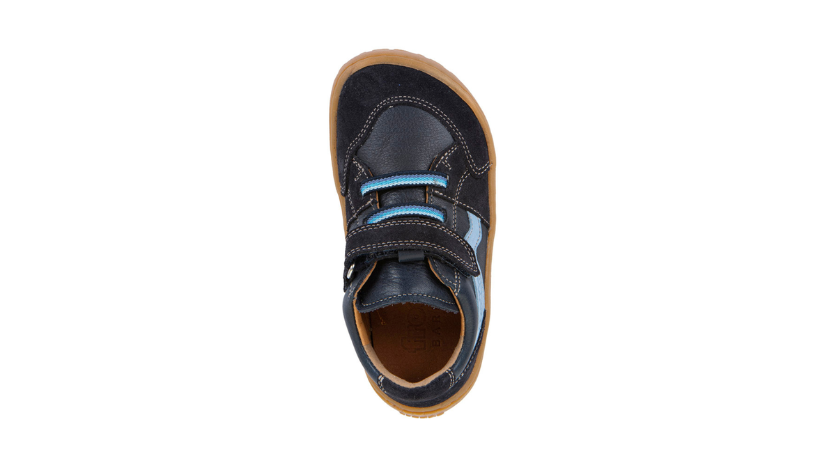 Barfußschuh für Kinder, geschlossene Zehen und geschlossener Fersenbereich, Klettverschluss und elastische Riemen, flexible Sohle, Einzelschuh, Draufsicht