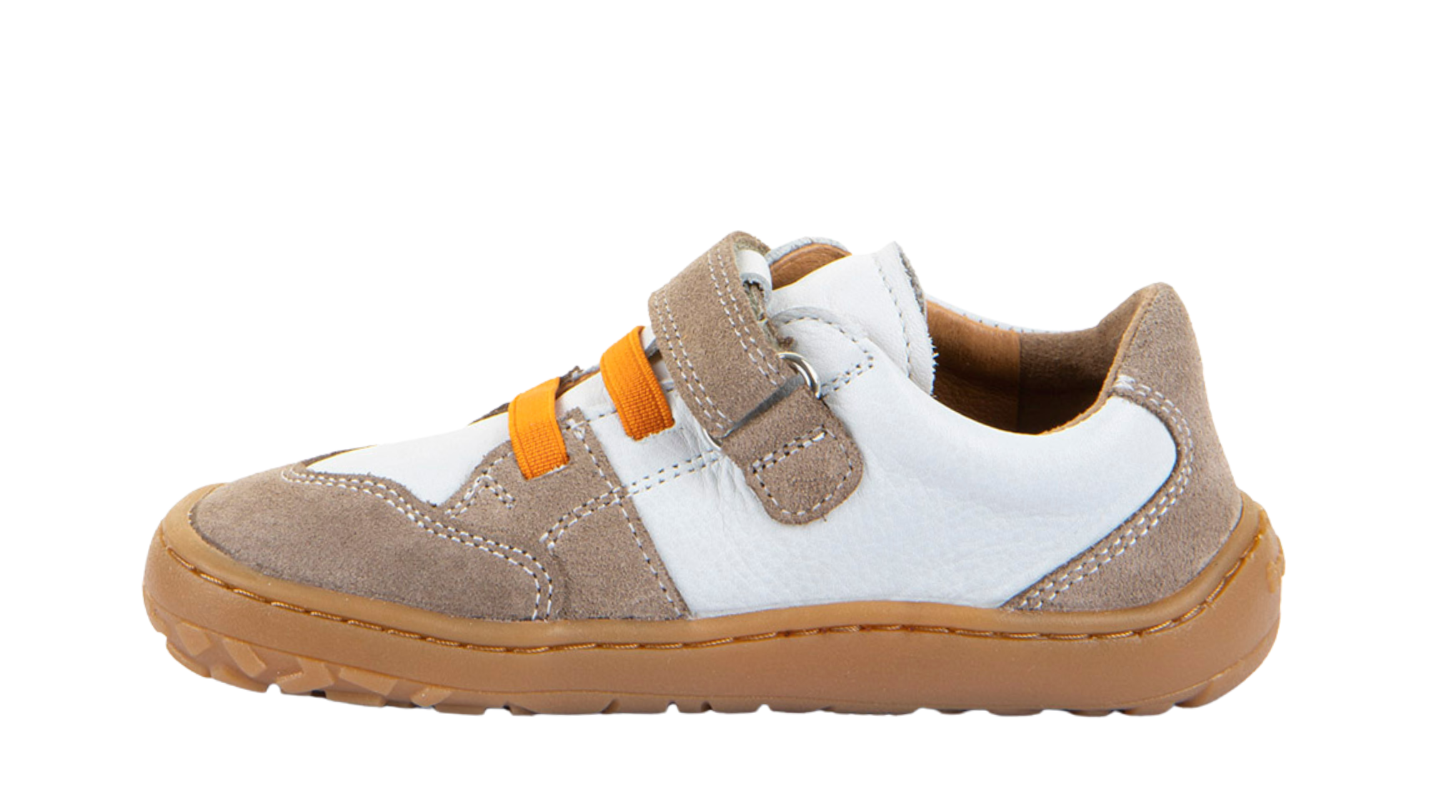 Barfußschuh für Kinder, geschlossene Zehen und geschlossener Fersenbereich, Klettverschluss und elastische Riemen, flexible Sohle, Einzelschuh, Seitenansicht innen