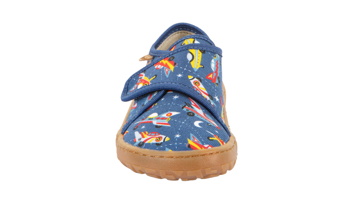 Barfußhausschuh für Kinder, geschlossene Zehen und geschlossener Fersenbereich, Klettverschluss, flexible Sohle, Muster auf dem Obermaterial, Einzelschuh, Vorderansicht