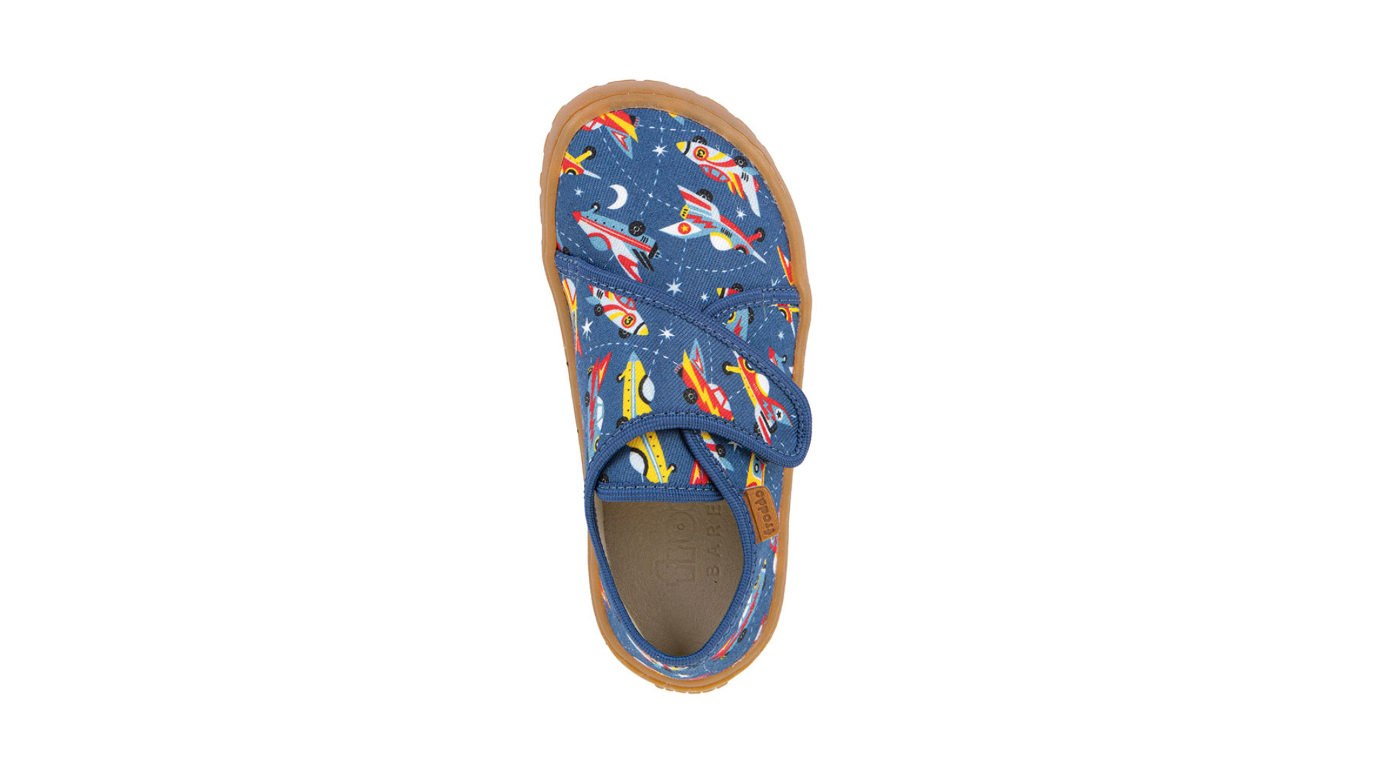 Barfußhausschuh für Kinder, geschlossene Zehen und geschlossener Fersenbereich, Klettverschluss, flexible Sohle, Muster auf dem Obermaterial, Einzelschuh, Draufsicht