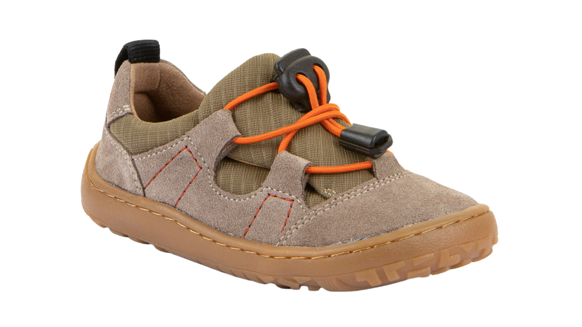 Barfußschuh für Kinder, geschlossene Zehen und geschlossener Fersenbereich, elastische Schnürung mit Schnellverschluss, seitliche Aussparungen, flexible Sohle, Einzelschuh, schräge Vorderansicht