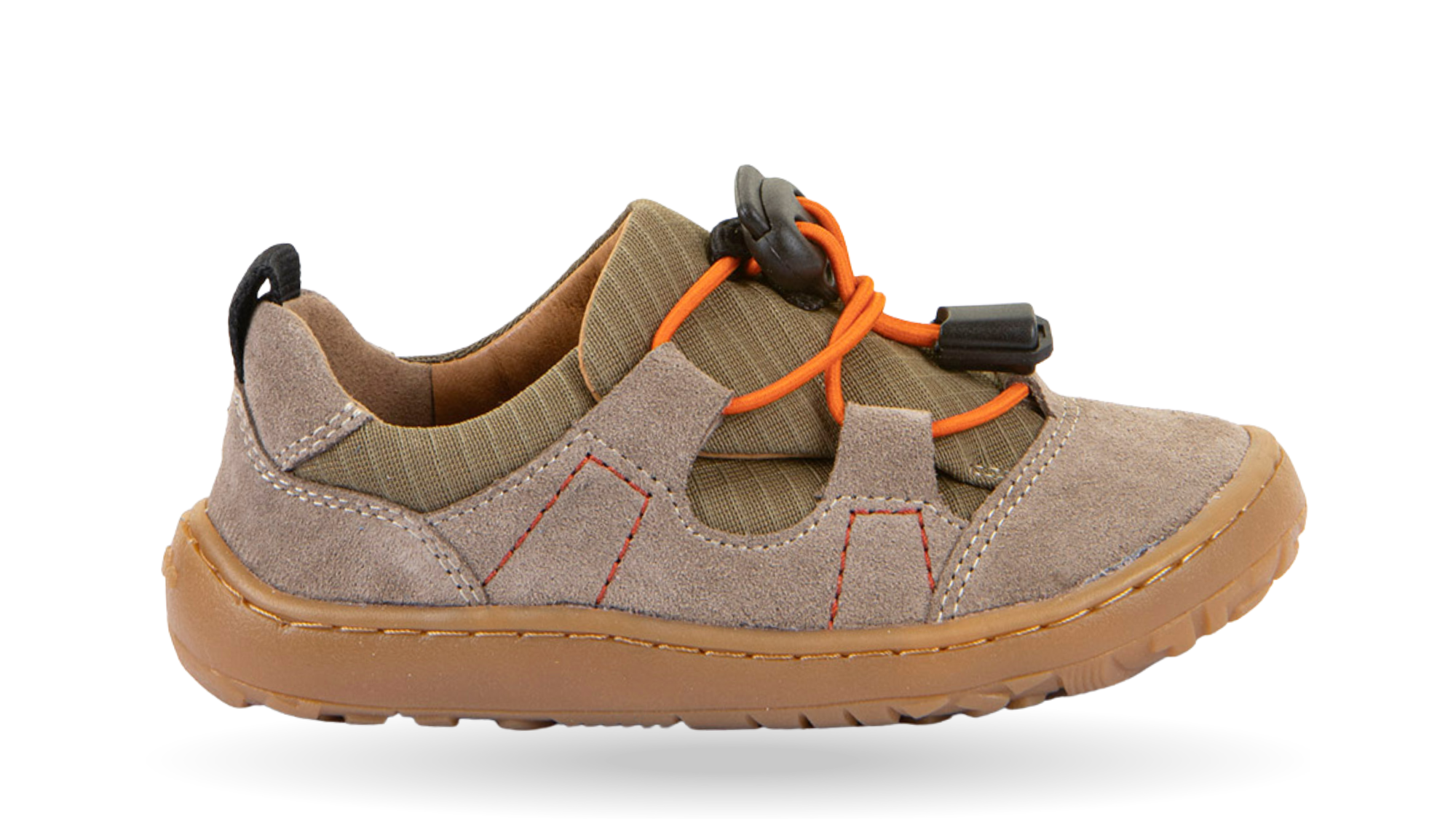Barfußschuh für Kinder, geschlossene Zehen und geschlossener Fersenbereich, elastische Schnürung mit Schnellverschluss, seitliche Aussparungen, flexible Sohle, Einzelschuh, Seitenansicht außen
