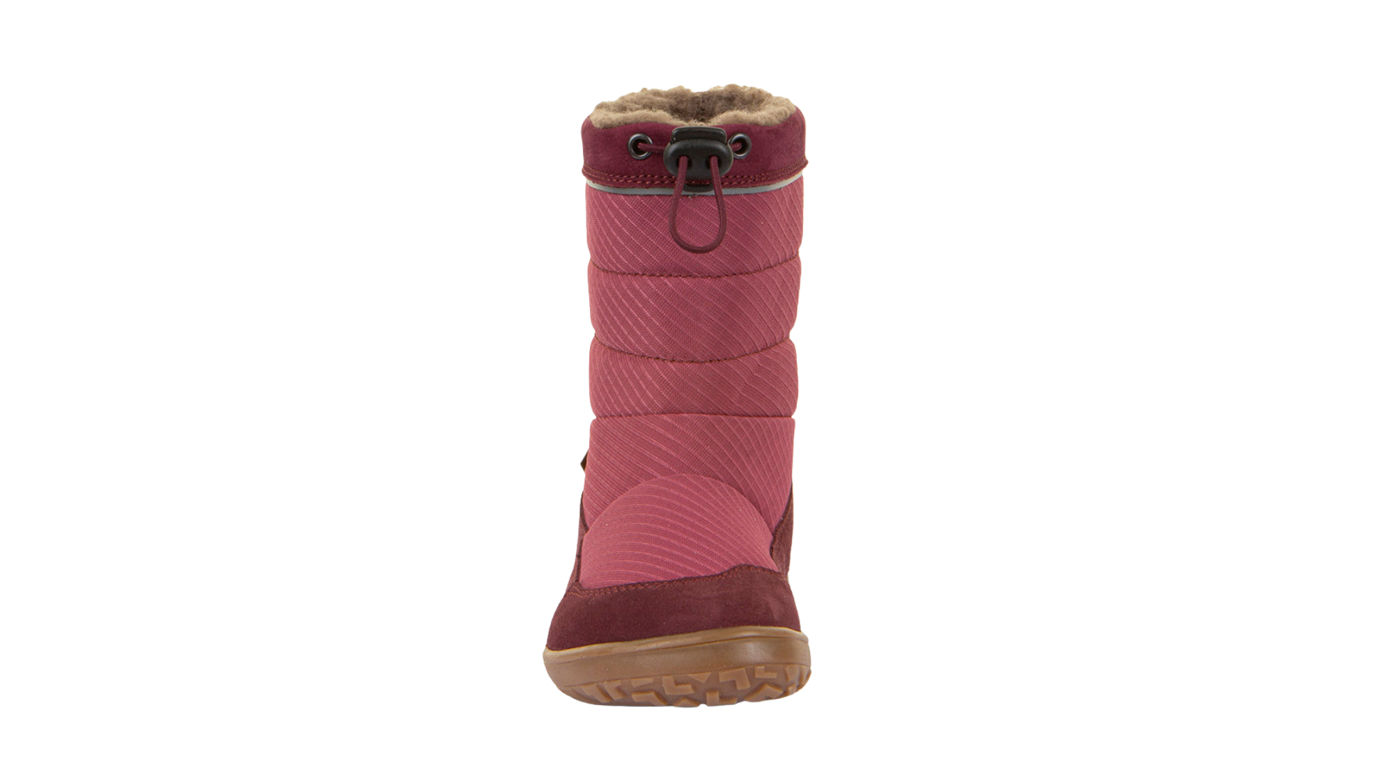 Barfußwinterstiefel für Kinder, geschlossene Zehen und geschlossener Fersenbereich, Kordelzug am Schaft, profilierte Sohle, Einzelschuh, Vorderansicht