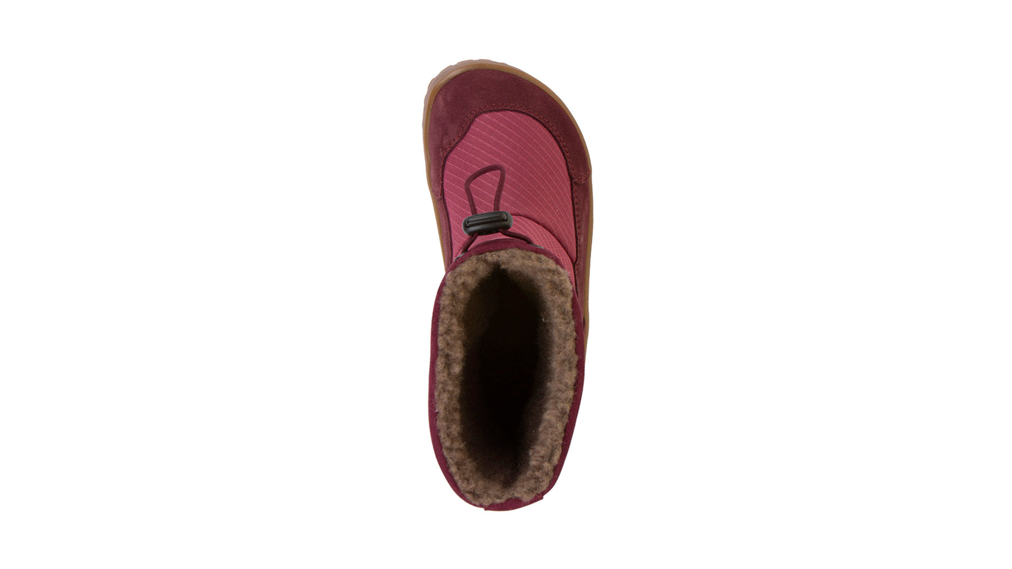 Barfußwinterstiefel für Kinder, geschlossene Zehen und geschlossener Fersenbereich, Kordelzug am Schaft, profilierte Sohle, Einzelschuh, Draufsicht
