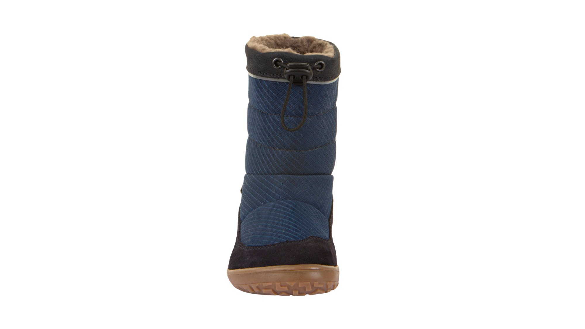 Barfußwinterstiefel für Kinder, geschlossene Zehen und geschlossener Fersenbereich, Kordelzug am Schaft, profilierte Sohle, Einzelschuh, Vorderansicht