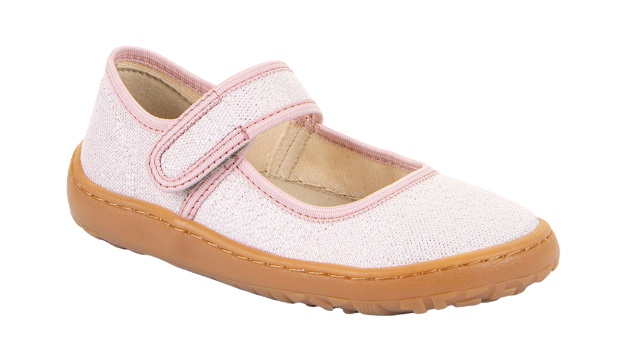 Barfußschuh, geschlossene Zehen und geschlossener Fersenbereich, Spannriemen mit Klettverschluss, flexible Sohle, Einzelschuh, schräge Vorderansicht