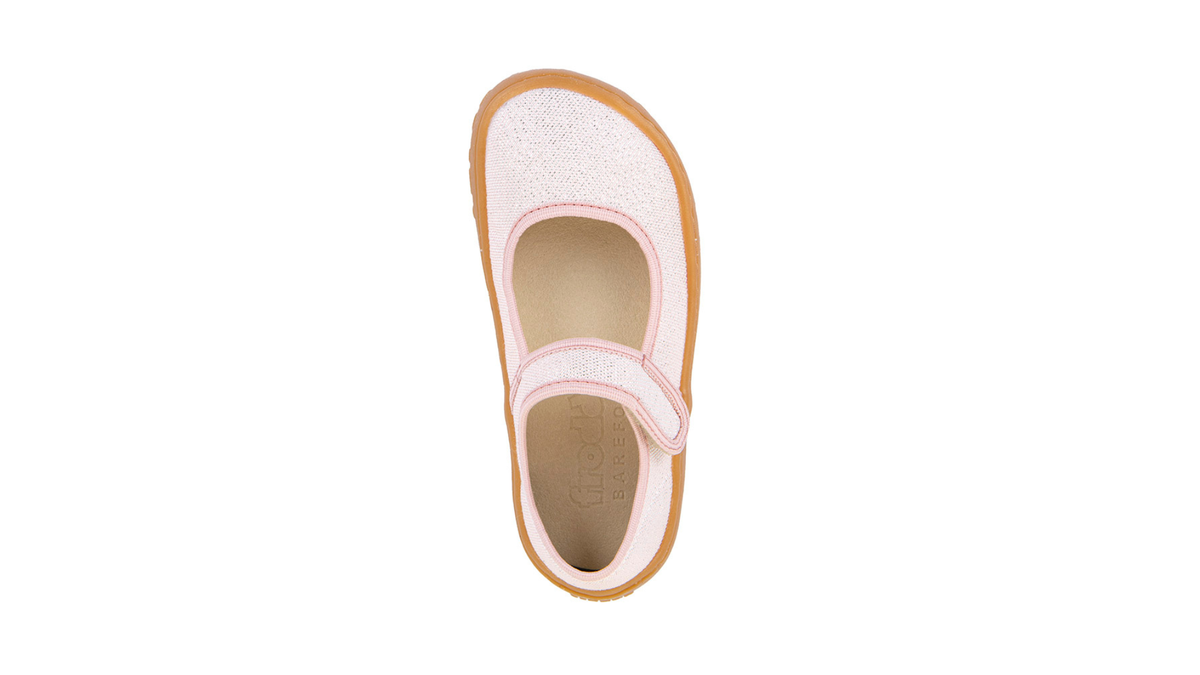 Barfußschuh, geschlossene Zehen und geschlossener Fersenbereich, Spannriemen mit Klettverschluss, flexible Sohle, Einzelschuh, Draufsicht