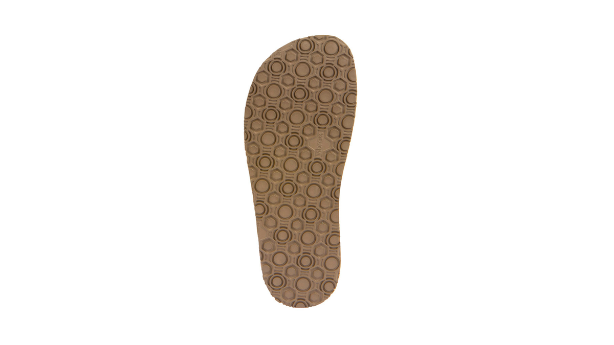 Barfußsandale, offene Zehen und offener Fersenbereich, Fersenriemen mit Klettverschluss und Vorderfußriemen mit Schnalle, flexible Sohle, Einzelschuh, Ansicht von unten