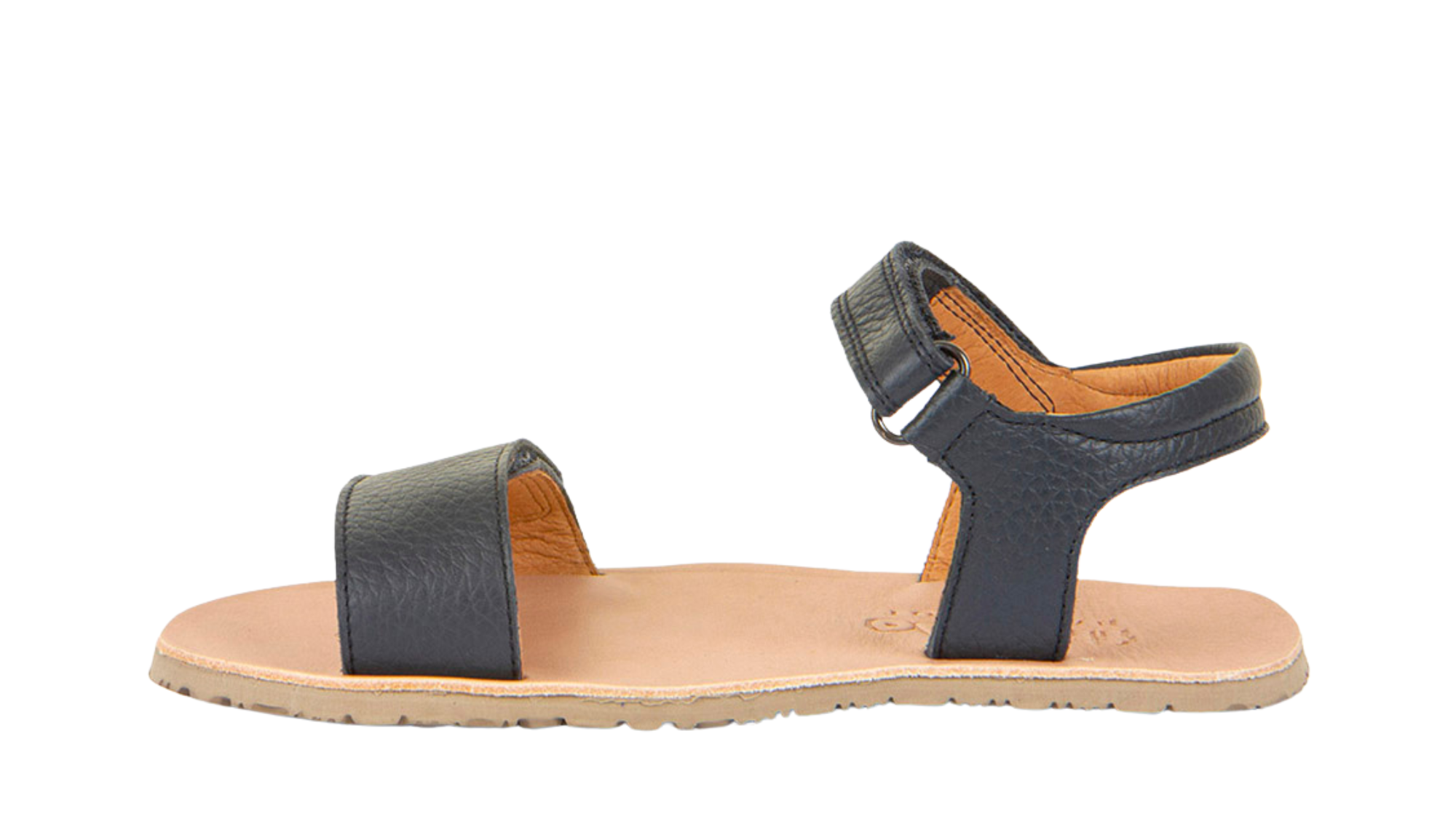 Barfußsandale für Kinder mit zwei Klettverschlüssen, offene Zehen und offener Fersenbereich, Seitenansicht innen, einzelner Schuh