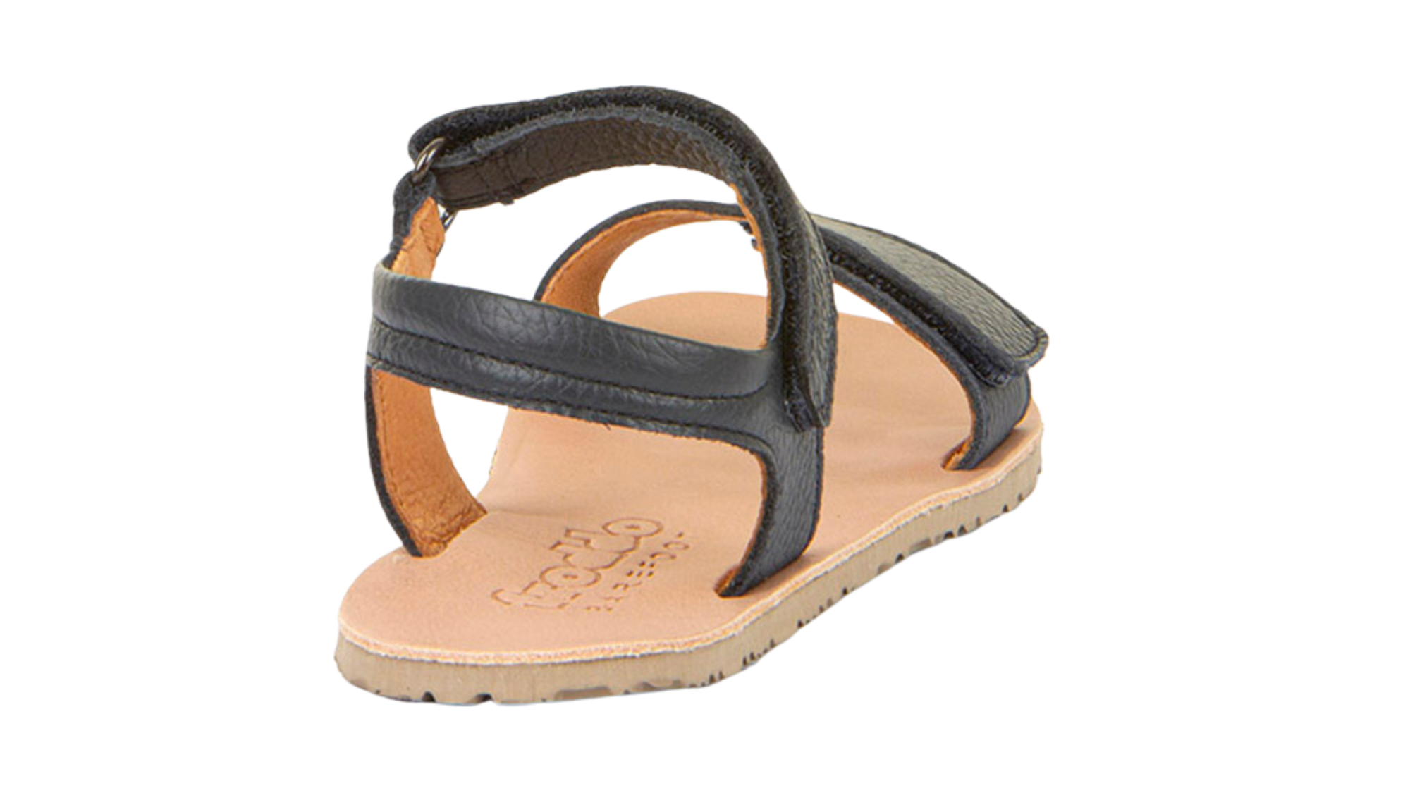 Barfußsandale für Kinder mit zwei Klettverschlüssen, offene Zehen und offener Fersenbereich, einzelner Schuh, schräge Rückansicht