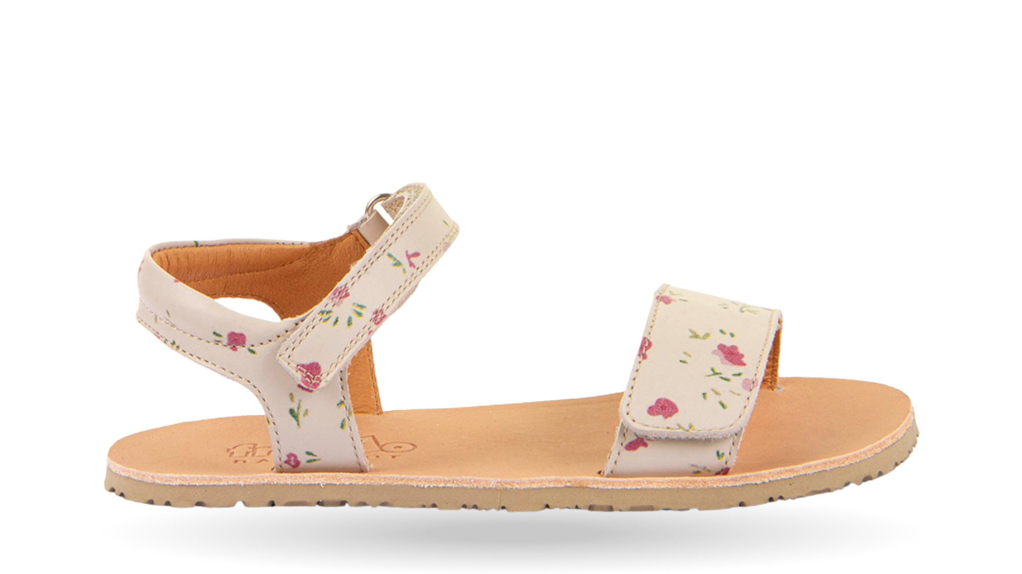 Barfußsandale für Kinder mit zwei Klettverschlüssen, offene Zehen und offener Fersenbereich, Seitenansicht außen, einzelner Schuh
