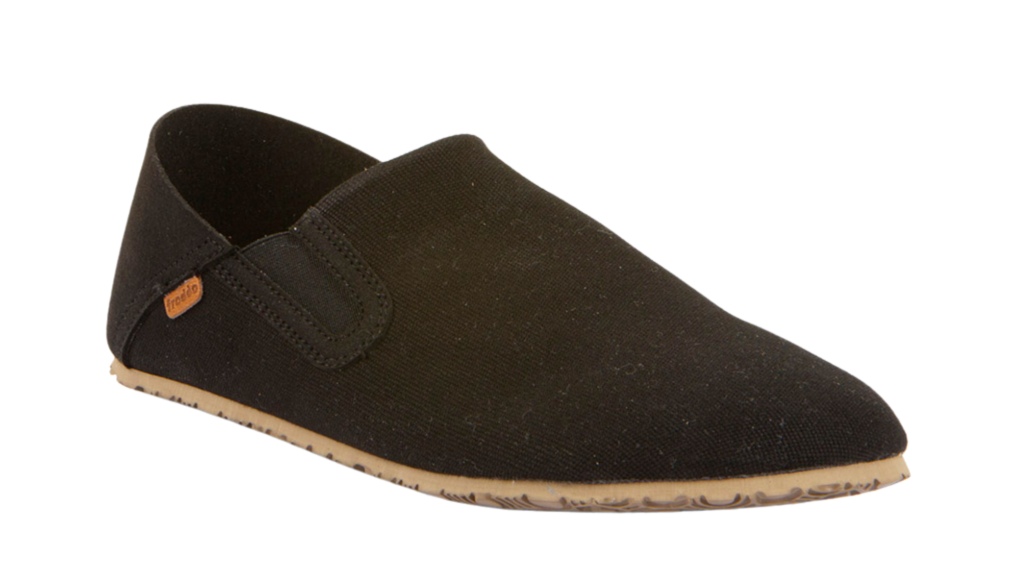 Barfußschuhe als Slipper mit elastischem Einsatz, geschlossene Zehen und geschlossener Fersenbereich, einzelner Schuh, schräge Vorderansicht