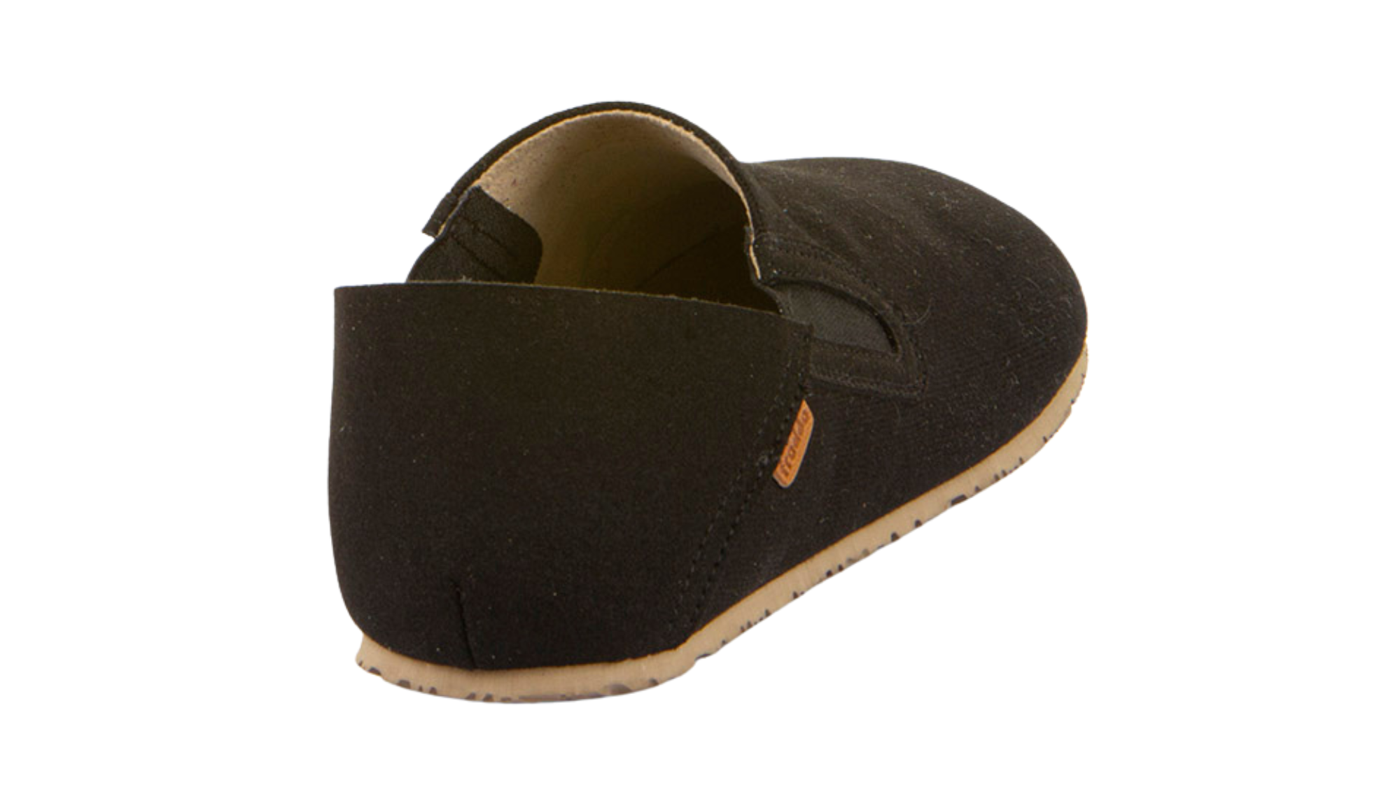 Barfußschuhe als Slipper mit elastischem Einsatz, geschlossene Zehen und geschlossener Fersenbereich, einzelner Schuh, schräge Rückansicht